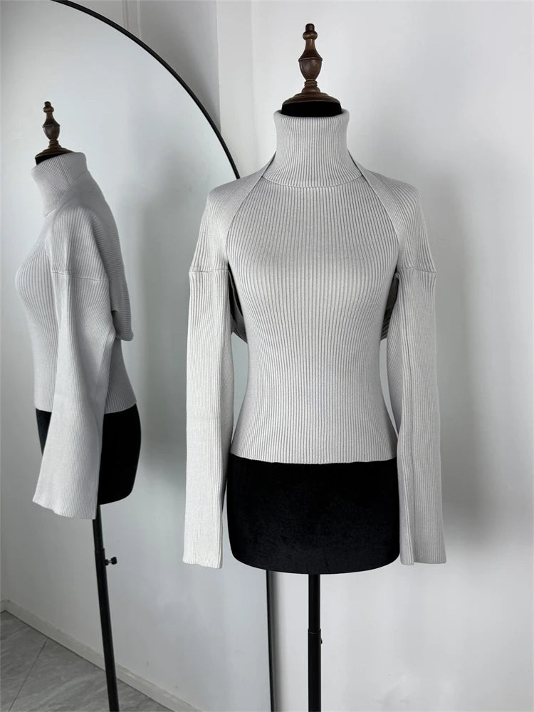 Trendix Knit Tank Top Sets For Women Fashion High Neck Vest And Long Sleeve Shawl 2 Piece Suits Sexy Backless Knitwear Top Femme