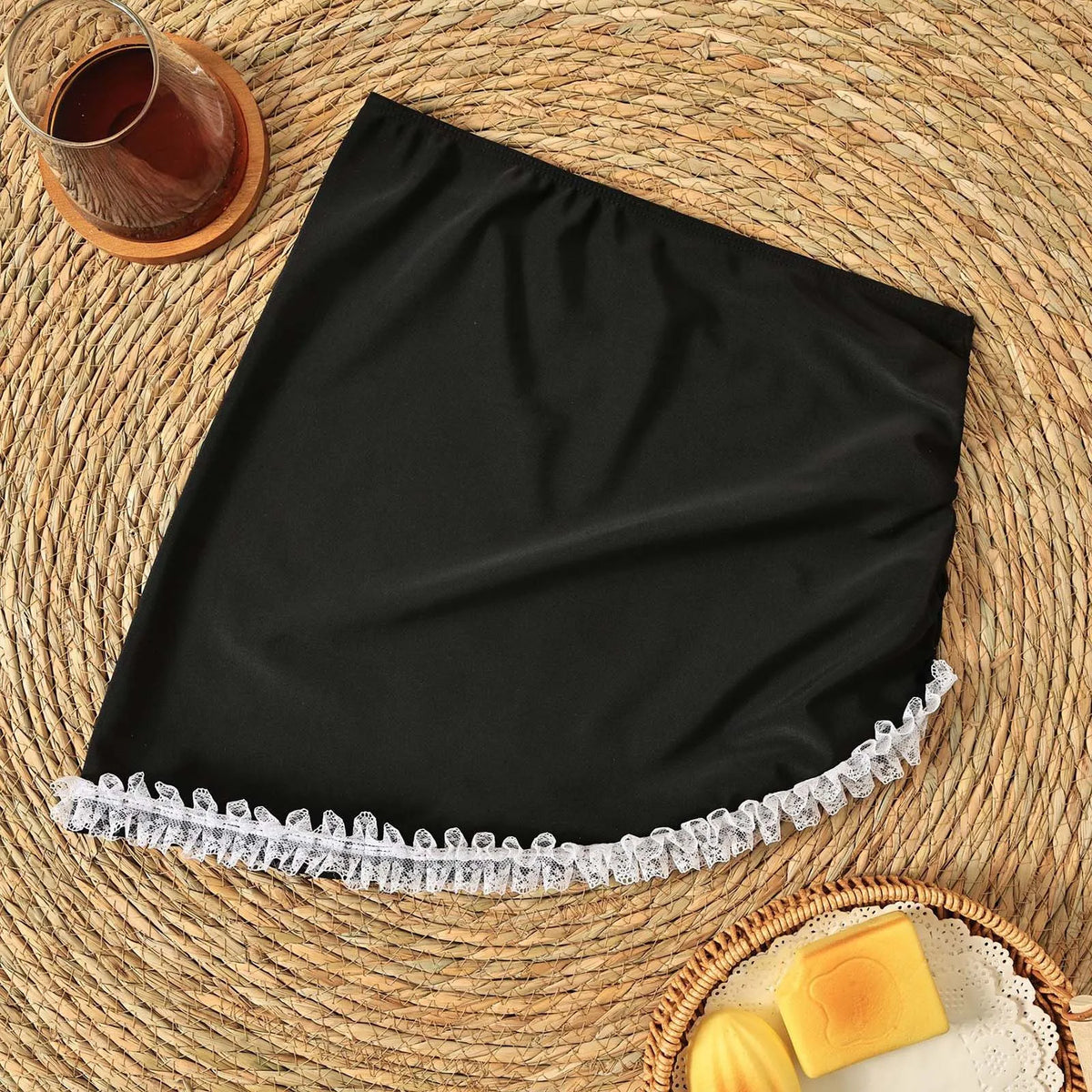 Women Swim Skirt Asymmetrical White Lace Trim Ruched Front Solid Bikini Cover Up Skirt For Summer Vacation Pool Party Beachwear