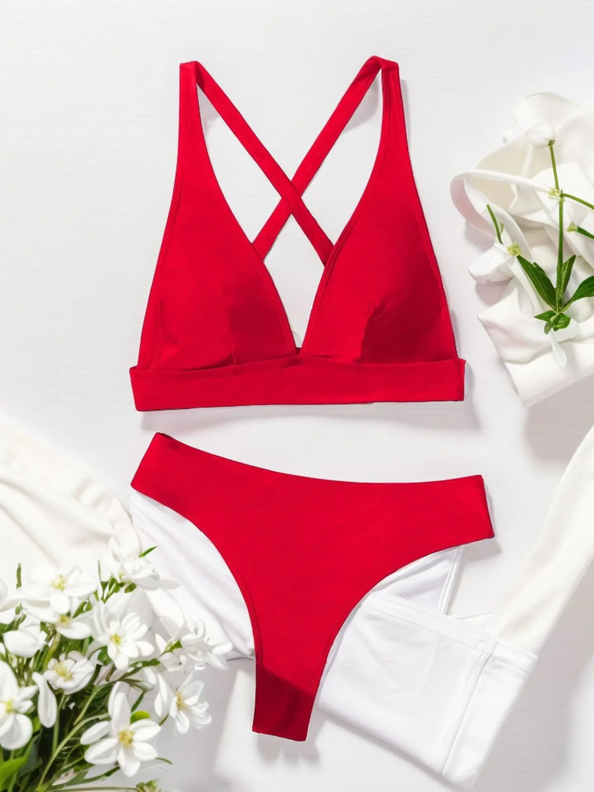 Solid Color Black Swimsuit for Women 2026 Summer High Waist 2-piece Bikini Set Beach Bathing Suit Bandage Vacation Swimwear