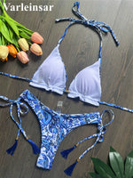 Sexy Flowers Printed Halter Brazilian Bikini Female Swimsuit Women Swimwear Two-Pieces Bikini Set Bather Bathing Suit Swim V6070