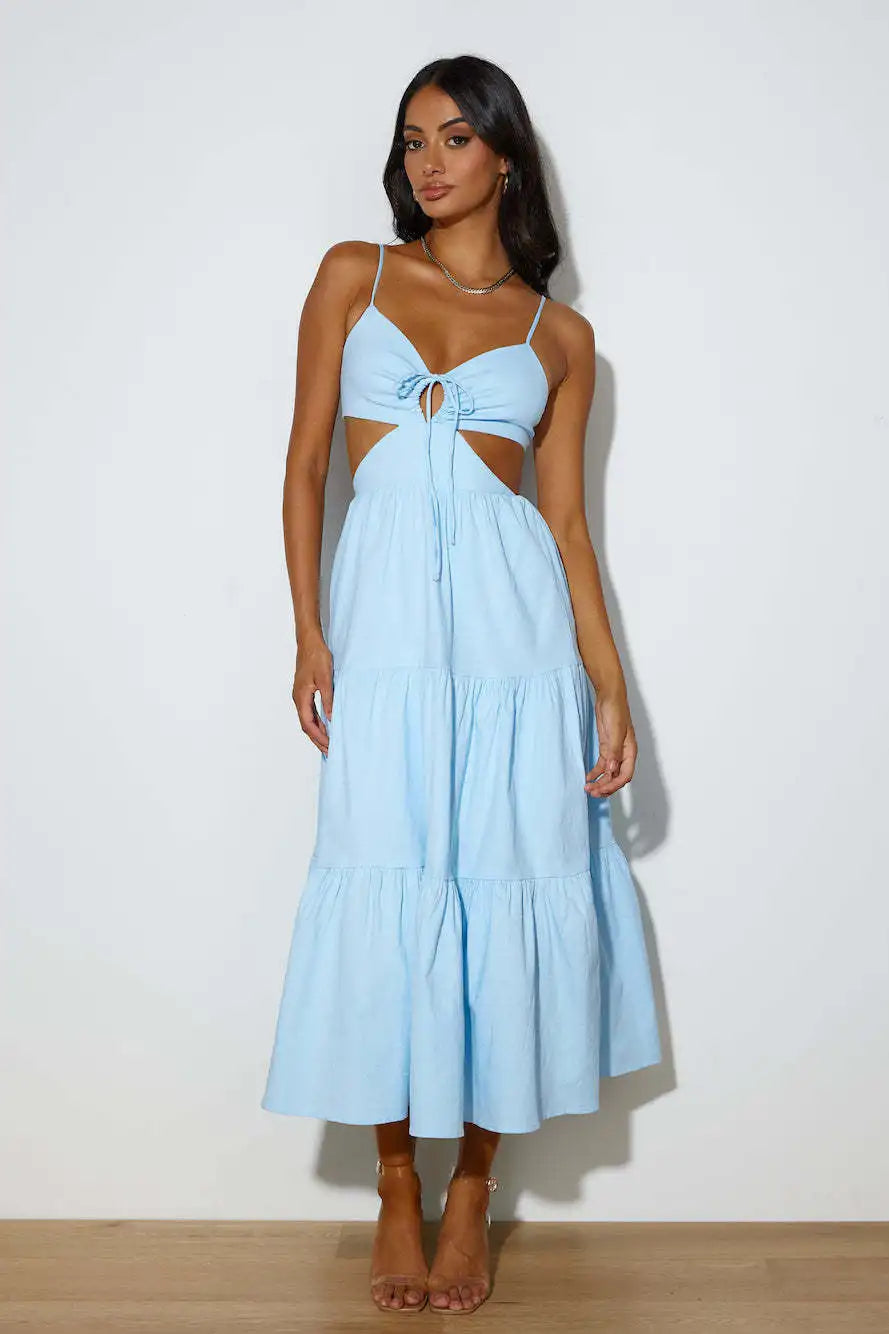 Spaghetti Strap Vacation Long Dress For Women Summer 2025 Fashion Elegant Sleeveless Backless Hollow Out Vestidos Party Dresses