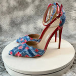 New Denim Fashion Denim color blockingSandals High Gladiator Heels Ladies Office ShoesPlus Big Size45-46 12cm slim heel