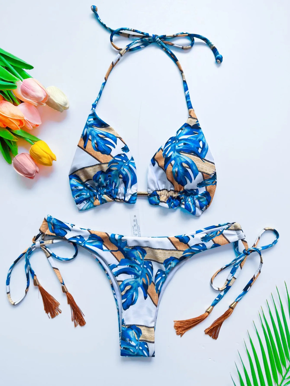 Sexy print women's bikini swimsuit split set with straps and tassels 2-piece set for summer beach swimsuit