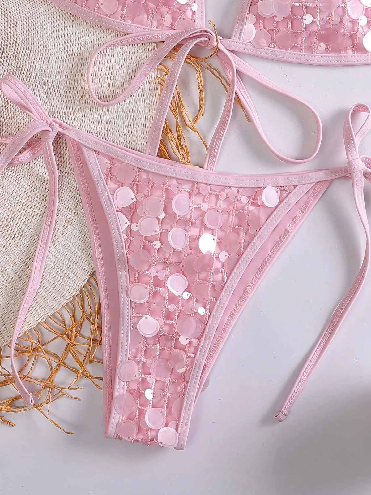 Sexy Sequin Pink Bikini Set 2026 Women Mesh Front Tie Push Up Bra Triangle Swimsuit Beach Bathing Suit Micro Swimwear Biquini