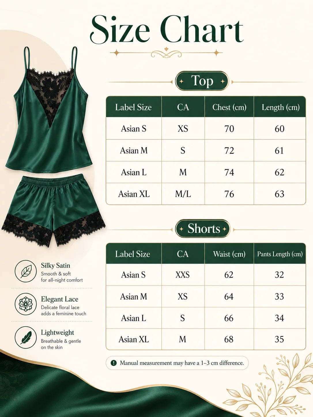 Women's Satin Camisole Shorts Set, Lace Trim Cami Top and Shorts, Silky Spring Summer Sleepwear Loungewear Pajama