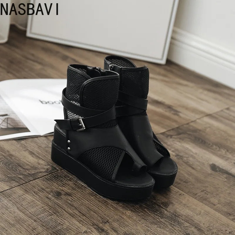 2026 Sexy Black Women Wedge Platform Sandals Summer Ladies Cool Boots Zipper Open Toe Sandalias Breathable Female Roman Shoes