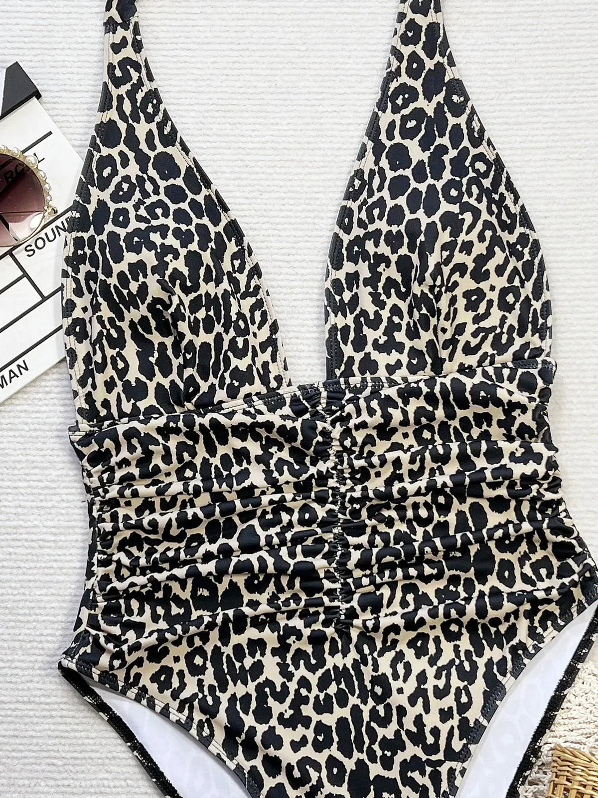 New Black Leopard Print One Piece Swimsuit Women Deep V Neck Slim Backless Bathing Suit Tummy Control Swimwear Monokini 2025