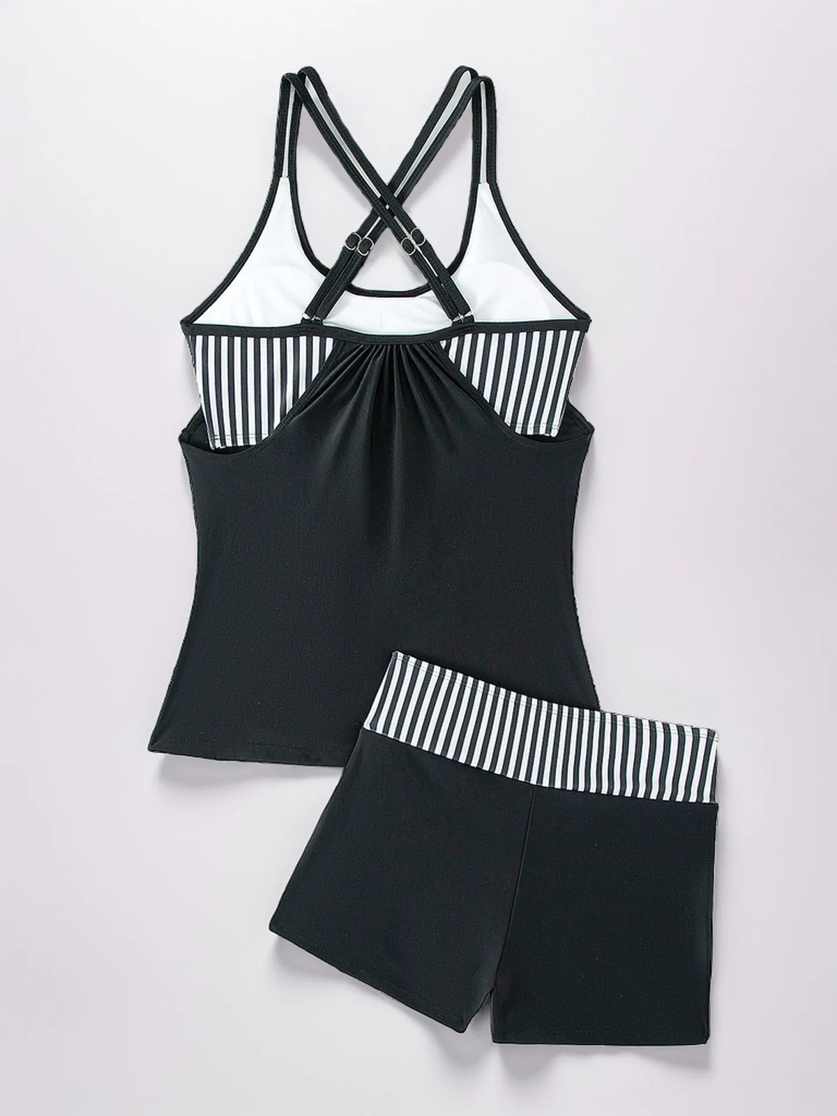 Women's Conservative 2 Piece Swimsuit Black Stripe Print Patchwork Tankini Bikini Set Suspender Cross Backless Bathing Suit 2025