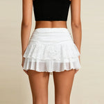 2026 Summer Women Mini Skirt Lace Floral Tiered Ruffle Low Waist Side Drawstring Going Out Cake Skirts