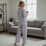 Women Sleepwear Long Sleeve Bow Tie Front Plaid Tops with Elastic Waist Pants Loose Fall Winter 2 Pieces Pajamas Sets