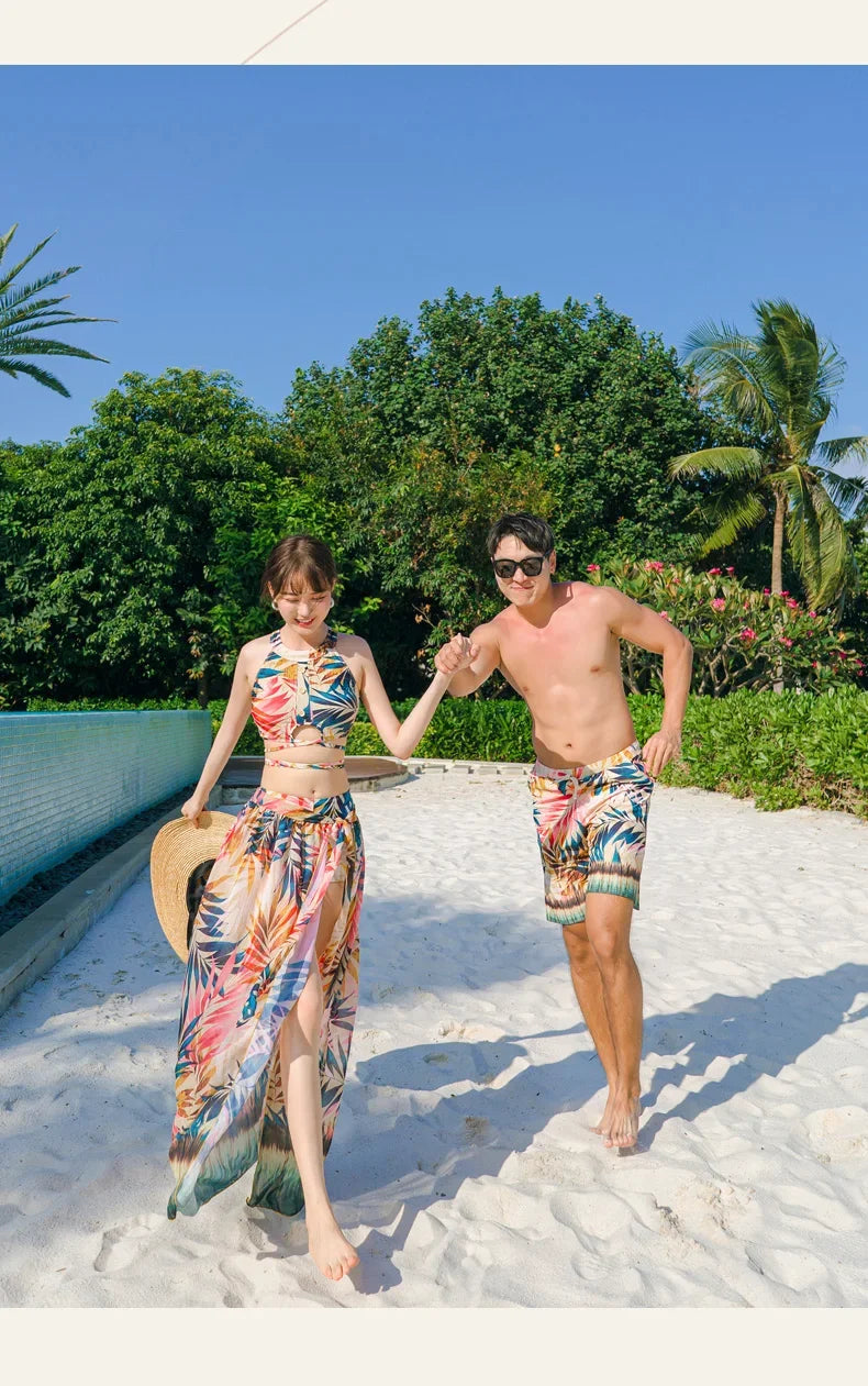 Print High Waist High Neck Swimsuit 3 Pcs Bikini Set Women Men's Swim Shorts Summer Surfing Suit Couples Bathing Suit Holiday
