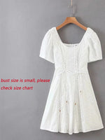 White lace embriodery summer beach dress women elegant hollow out lace up short dress off shoulder puff sleeve sheer dress 2025