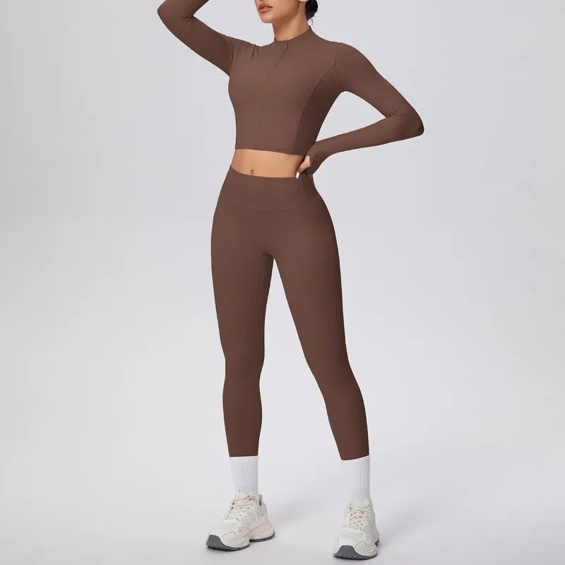 New Women Yoga Set Solid Color Double-Sided Brushed Bare Feel Short Long-Sleeve Jacket Tight Pants Running Fitness 2-Piece Set