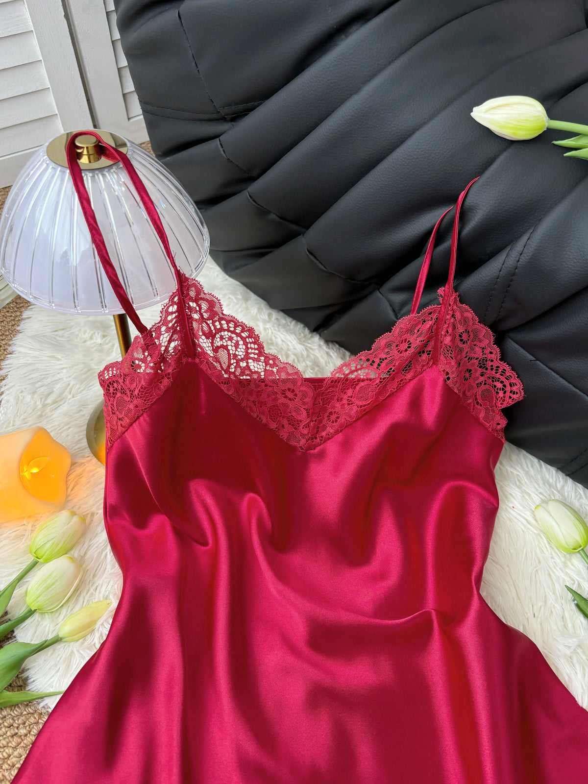Women's Sexy Silk Satin Pajamas Sets Lace Trim Cami Tops Shorts Sleepwear
