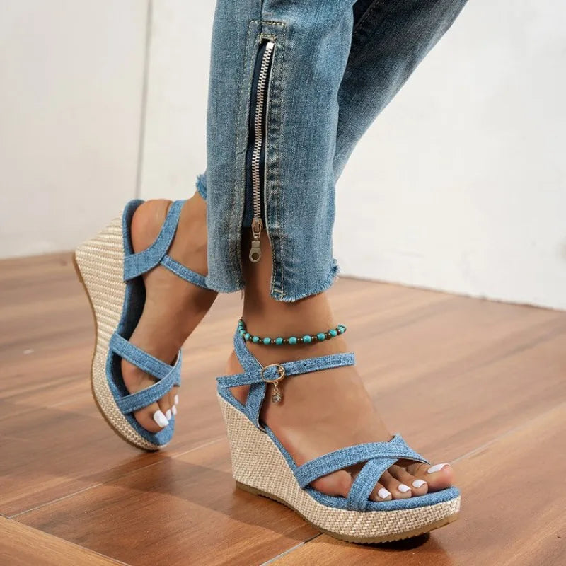 Summer Slope Heel Buckle Open Toe Wedge Ultra High Heel Women's Sandals 2026Fashion One Line Buckle Sandals Women ShoesHeels