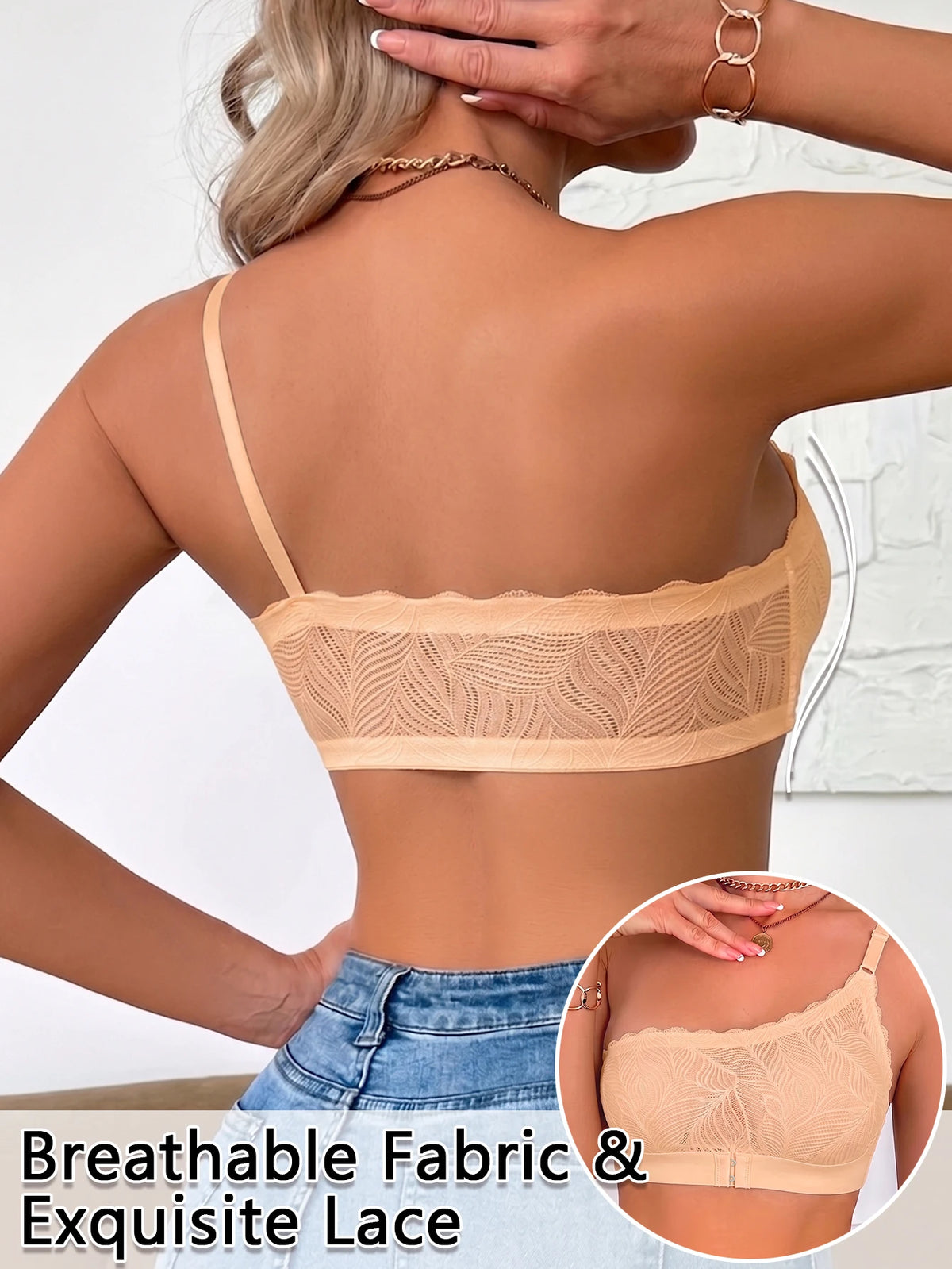 Women's One Shoulder Lace Bra Front Closure Wireless Bandeau Comfort No Lining Breathable Lingerie