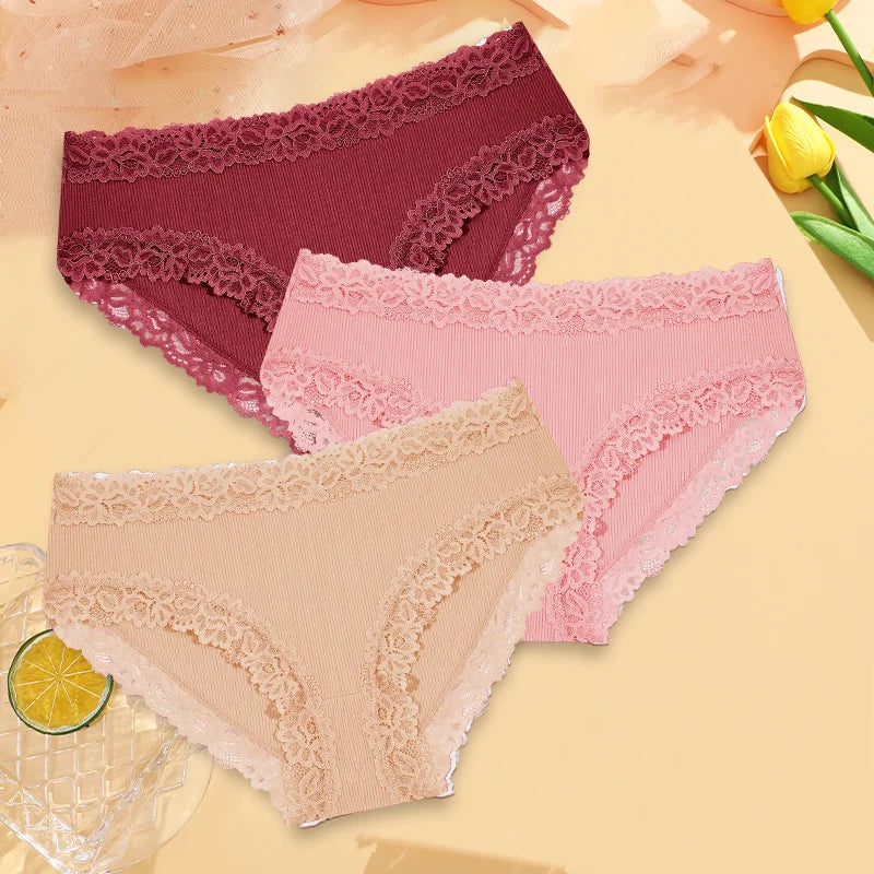 3Pcs Sexy Cotton Lace Panty Women Low Waist Panties Underwear S-XL Solid Color Ladies Briefs Lingere Underware Comfortable Women