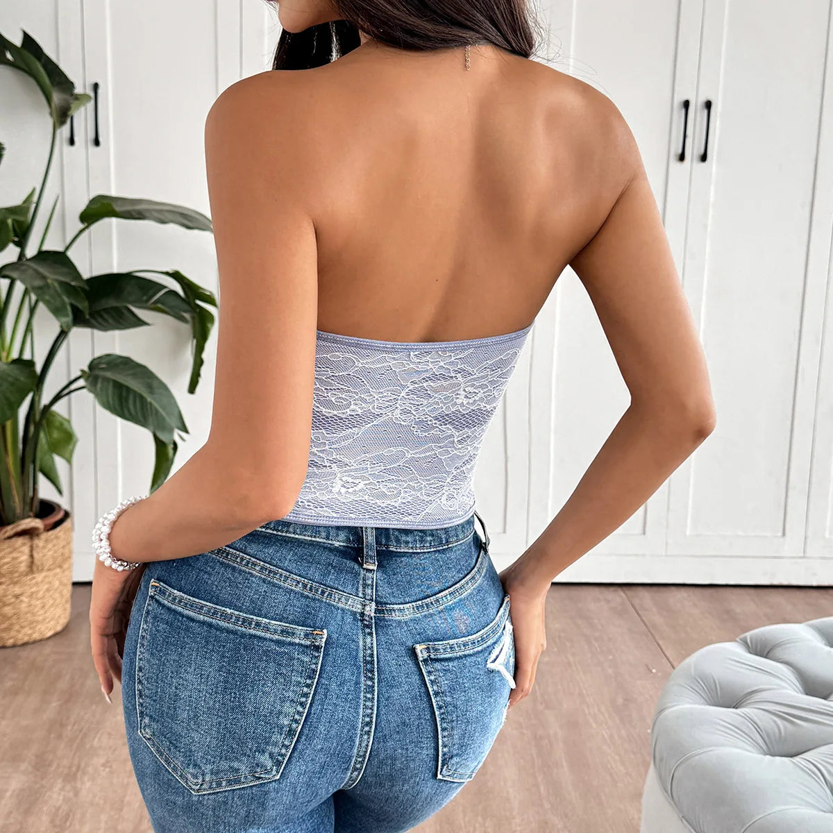 Y2K Street Tank Top Women Summer Lace Front Embroidery Floral Buttom Push Up Underwire Strapless Bandage Fishbone Vest