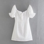 Foridol White Lace Summer Dress for Women Flower Embriodery Cotton Mini Dress Puff Sleeve Lace Up Ruffles Short Beach Dress