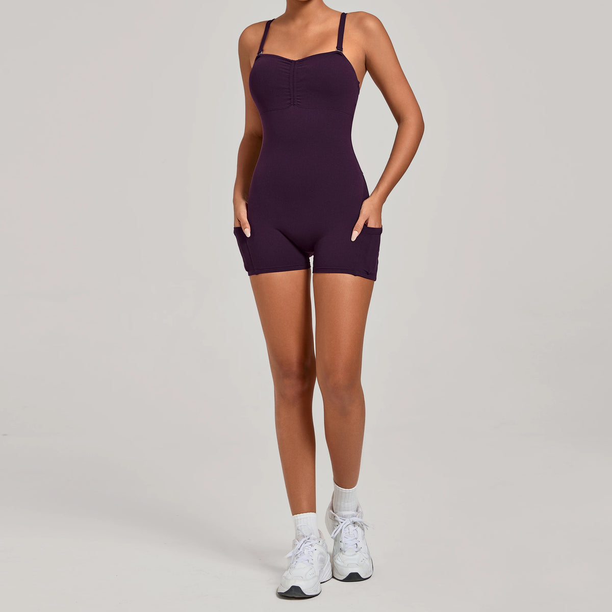 Womens Two Way Wear Bodysuit Sleeveless Yoga Stretch One Piece Romper Sexy Fitness Side Pockets Sportwears Bodysuit