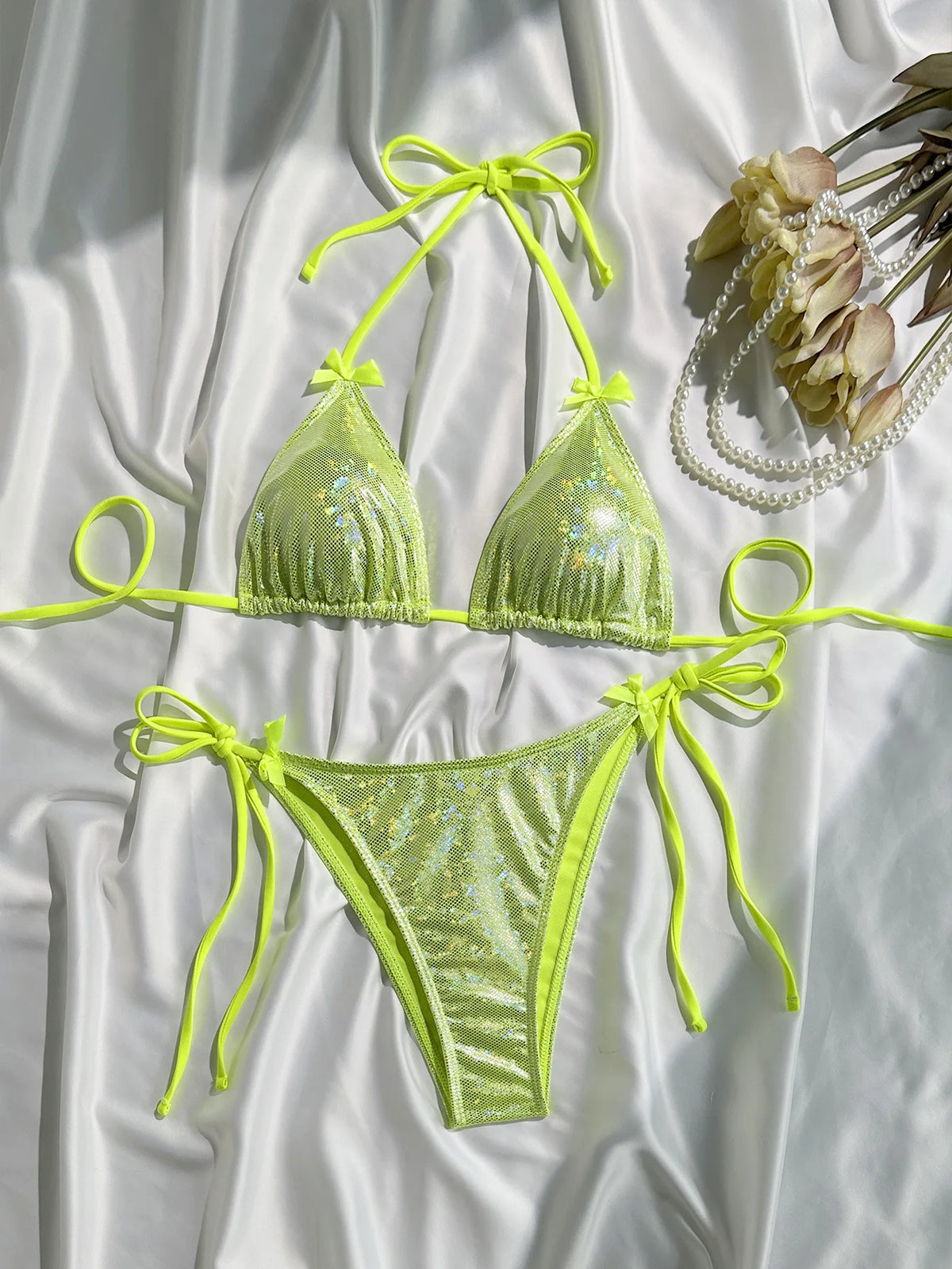 Shiny Brozing Neon Yellow Micro Bikini 2026 Women Sexy Bow Strap Push Up Bra Tie Side Thong Swimsuit Pool Bathing SuitSwimwear