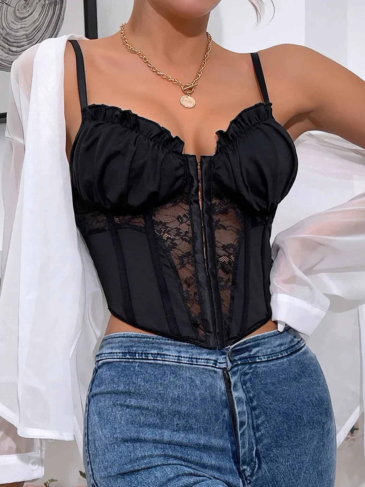 1 Piece of Black Lace Ruffled Tulle Corset, New Fashionable and Sexy Backless Fishtail Thin Strap Hollow Mesh Style