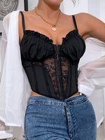 1 Piece of Black Lace Ruffled Tulle Corset, New Fashionable and Sexy Backless Fishtail Thin Strap Hollow Mesh Style