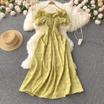 2025 Summer French Vintage Floral Dress Fashion Elegant High-Waisted Drawstring Vestidos Printed Fresh And Sweet Long Dresses