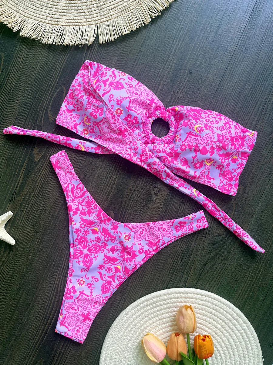 Floral Printed Wrinkled Bandeau Bikini Female Swimsuit Women Swimwear Two-pieces Bikini Set High Cut Bather Bathing Suit Swim