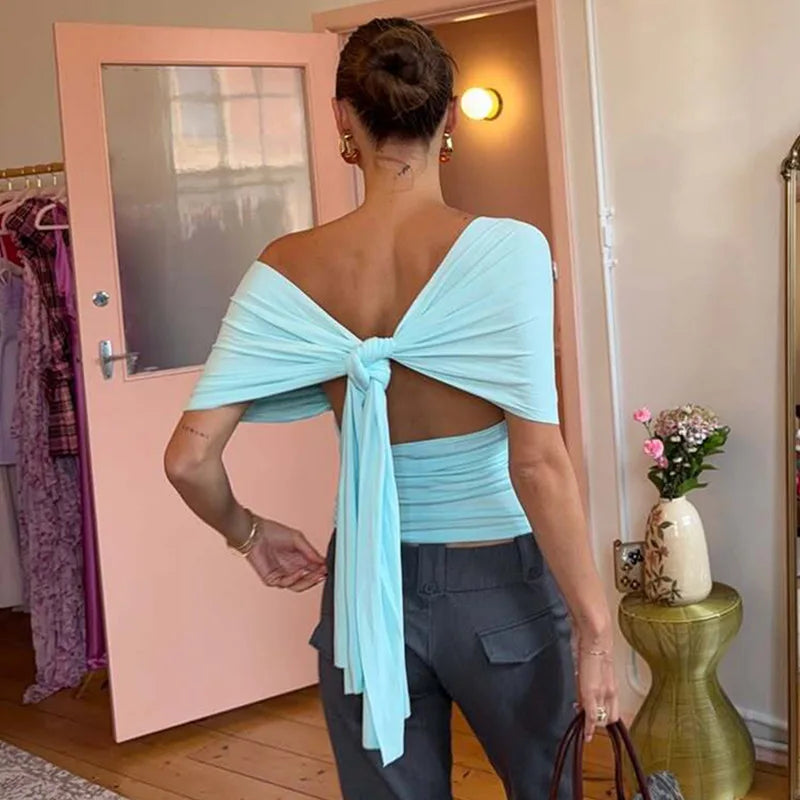 FDYOUI Chic Deep V-neck Bandage Crop Tops Women 2026 Summer Sexy Backless Solid Corset Ladies Lace-up Tunics T-shirt Streetwear