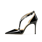 Rhinestone High Heels 2025 Summer Versatile Pointed Heel One-word Buckle Bag Head Sandals Women Black Strap High Heel Sandals 45