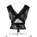 FDYOUI Woman Clothes Elegant Bandage Mesh Corset Tops 2026 Female Halter V-neck Lace-up Tank Top Black T-shirt Y2K Streetwear