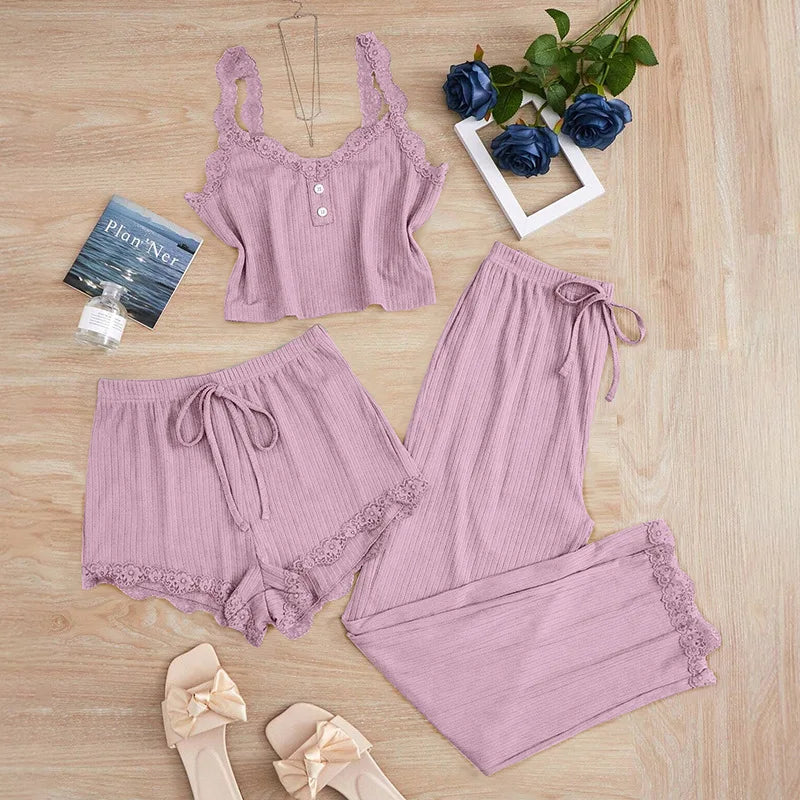 Ladies Autumn and Winter Three-Piece Pajamas Set Including Vest Shorts and Long Pants, Lace Camisole sexy Home Pajamas Set