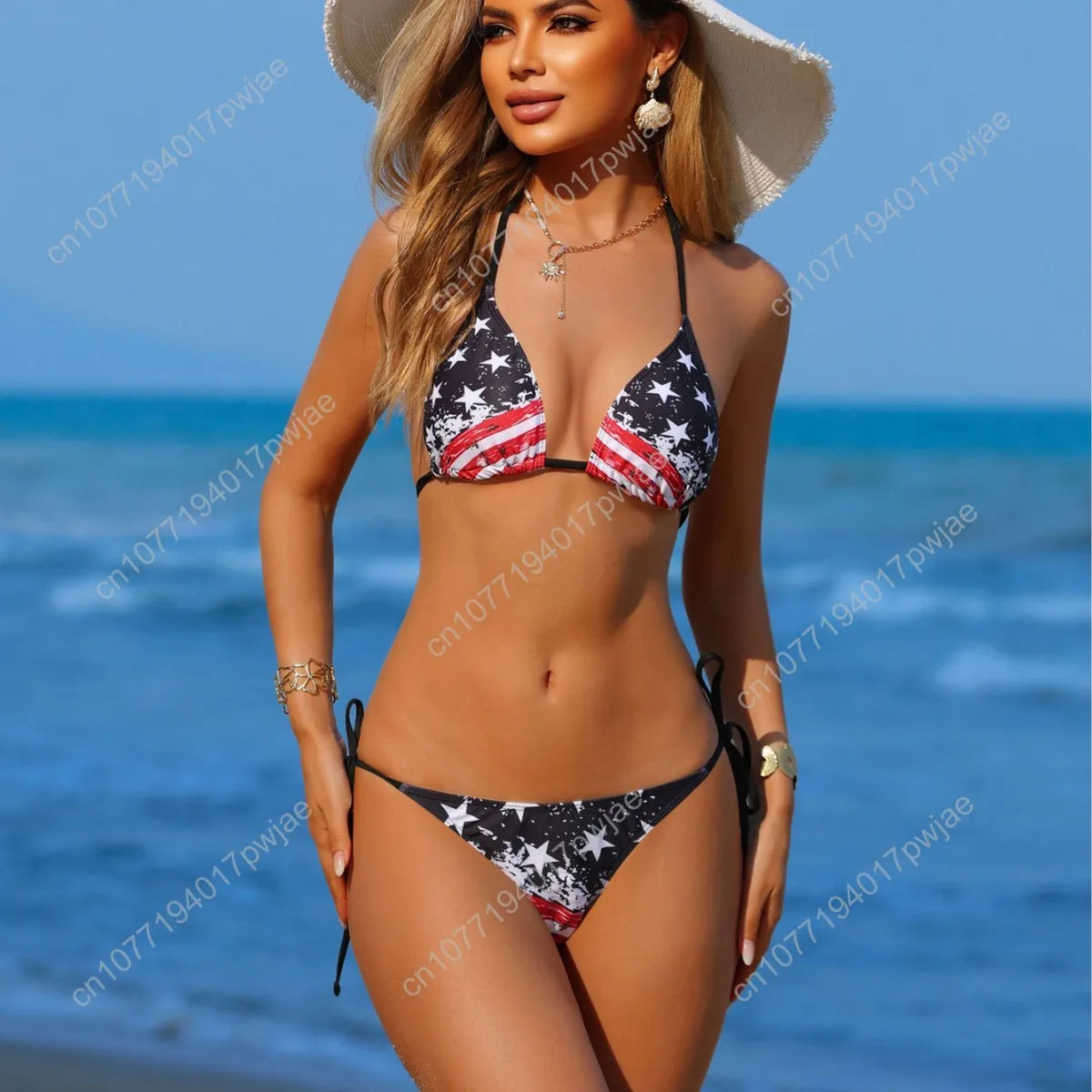 Women's Sexy American Flag Print Halter-Tie Bikini Swimsuit Set — Sporty Style