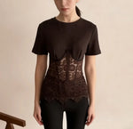Women's Fashion Casual Elegant style Lace Patchwork Short Sleeve T-Shirt Solid Color T-shirt For Woman Pure Desire Charming 7VN3