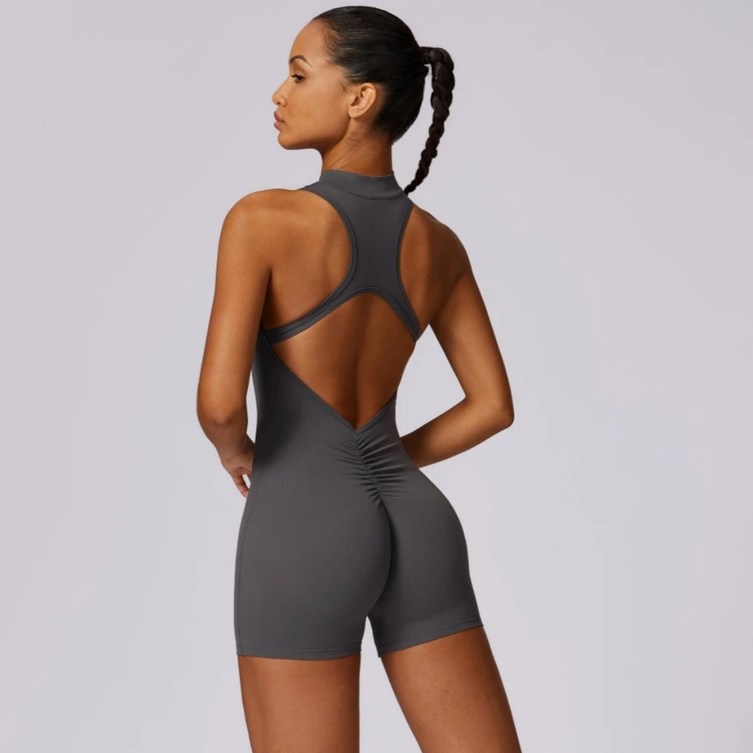 Solid Scrunch Back Waist Tight Yoga Jumpsuit Short Set Women Zipper Playsuit Gym Sportswear Fitness One Piece Sport Suit Workout
