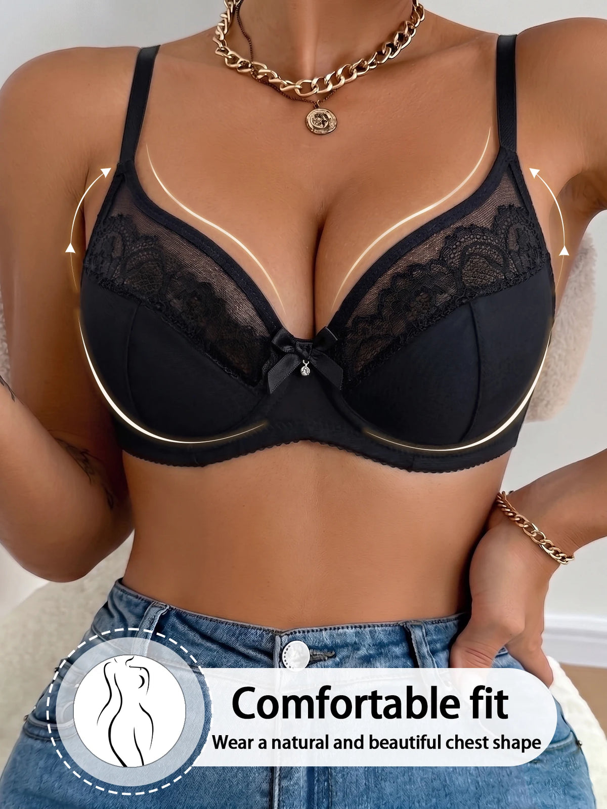 Women A B C D E F Thin Cup Bra Lace Mesh Underwire Brassiere Push‑Up Gather Comfortable Adjustable Strap Everyday Bra