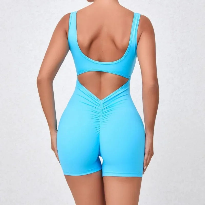 Women's Seamless Yoga Jumpsuit - Quick-Dry Nude Workout Suit with V-Neck & Sexy Back, Tight Fitness Wear for Running Gym Workout