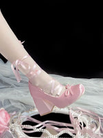 2026 y2k Block High Heels Summer Vintage Black Satin Pink Lolita Mary Janes Shoes Women Sweet Cross-tied Ballet Pumps Footwear