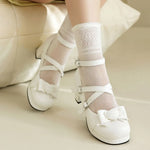 Plus Size 48 Women's Sweet Lolita Mary Jane Heels Pumps Heart Buckle Cross Ankle Strap Bow Platform 5.5cm Block Heel Goth Shoes