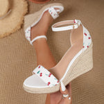 EUR Size 45 Leisure Espadrille Wedge Sandals Women Cherry Summer High Heels Shoes Beach Vacation Platform Ankle Strap Sandals