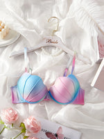 Women's Pastel Gradient Push up Bra Vertical Rib Shell Thin Cup Sexy Bra Comfort Underwire Lingerie Top