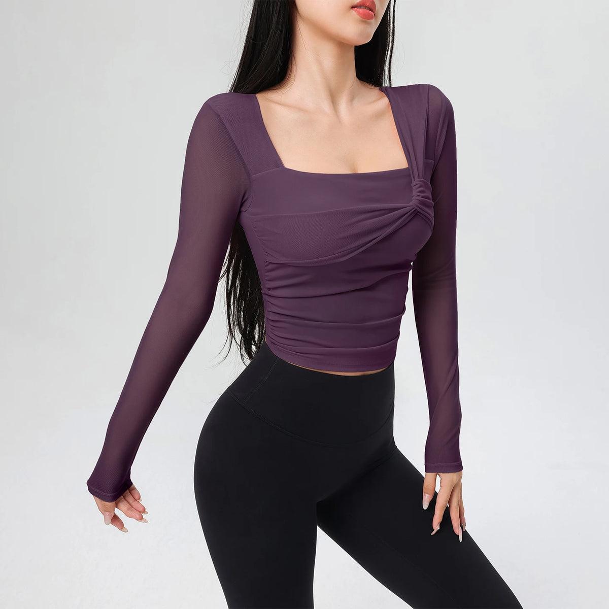 Women Square Neck Mesh Long Sleeve Crop Yoga Top Twisted Front Ruched Slim Breathable Workout Sports Shirt
