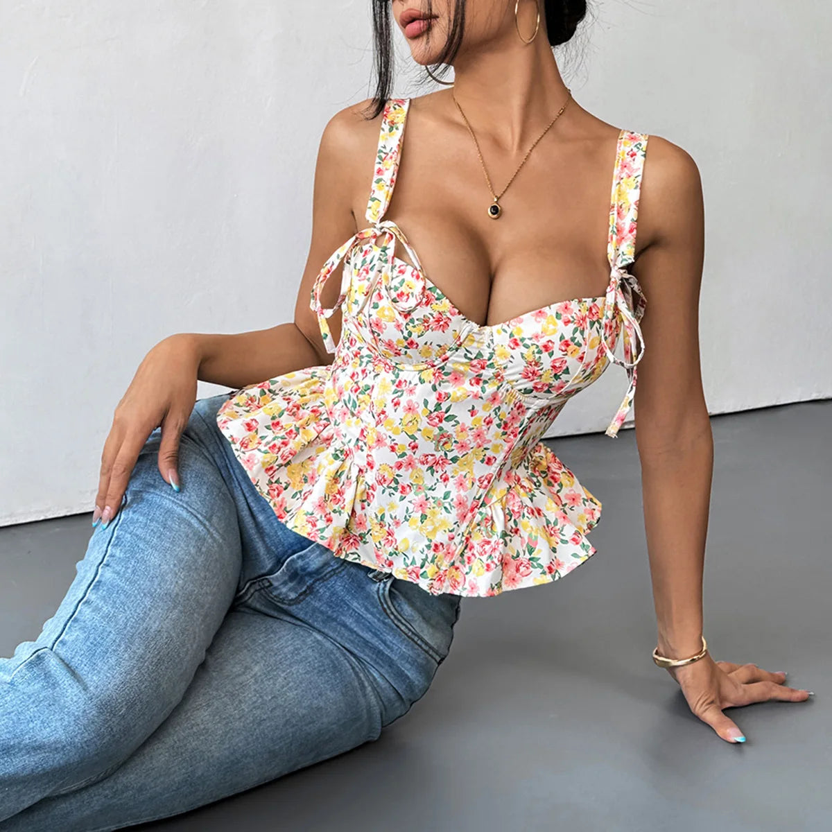 Spring Summer Lace Up Pink Floral Print Fishbone Corset with Folded Waist Ruffled Edges Cotton Suspender Vest for Women 2026