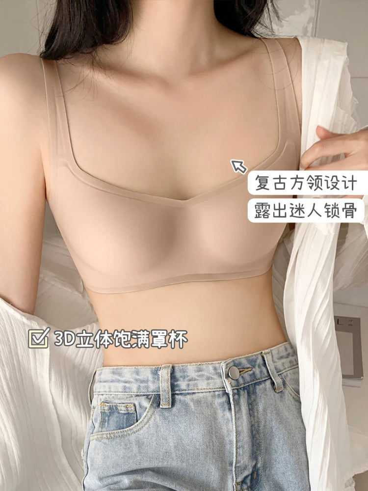 Retro Square Neck Crop Top Small Chest Gathering Seamless Invisible Bralette Summer Thin Soft Support Nude Bra Wirefree Comfort
