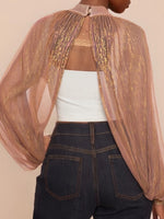 Women's Spring Summer Solid Color Sheer Blouse Glitter Long Sleeve Mock Neck Open Front Tops Streetwear