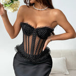 Women Corset Vest Sexy See Through Dot Print Lace Trim Club Wear Fishbone Tank Top Strapless Buckle Tie Rope Perspective Tops