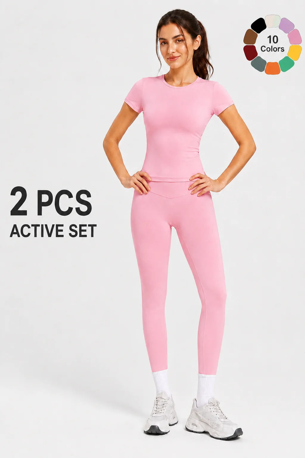 Ladies Sportswear Set (Short Sleeve Top + Long Pants) Fitness Gym Workout Clothing Running Yoga Ensemble