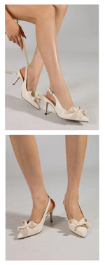 Big Size 42 Summer Elegant Beige Slingback Pumps Sexy Pointy Toe Black Thin High Heels Shoes Women Bow Knot Office Lady Shoes