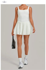 Naked Fake Two Piece Tennis Dresses with Pocket Bottom Women Back Hollow Out Pleate Skirts Outwear Square Collar Golf Yoga Dress